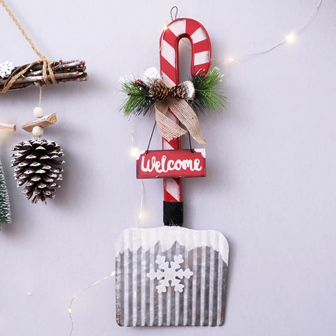 Ornement À Suspendre Pelle De Noël Bois Métal Welcome Noel Signe Flocon De Neige Pomme De Pin Nœud En Toile Décor