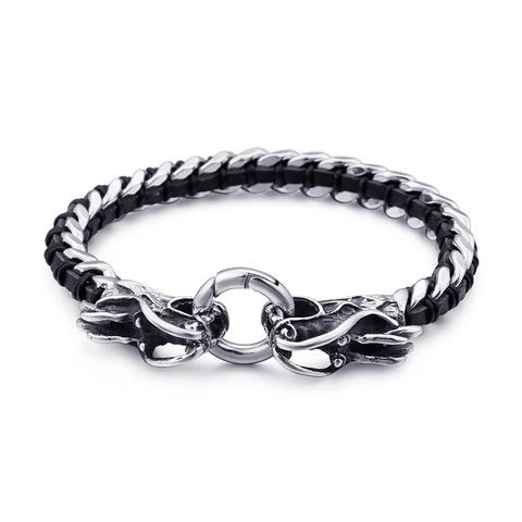 Bracelet Dragon Vintage Pour Hommes En Acier Inoxydable Tête De Dragon Cuir De Vachette Tressé Noir Bijoux Punk Biker