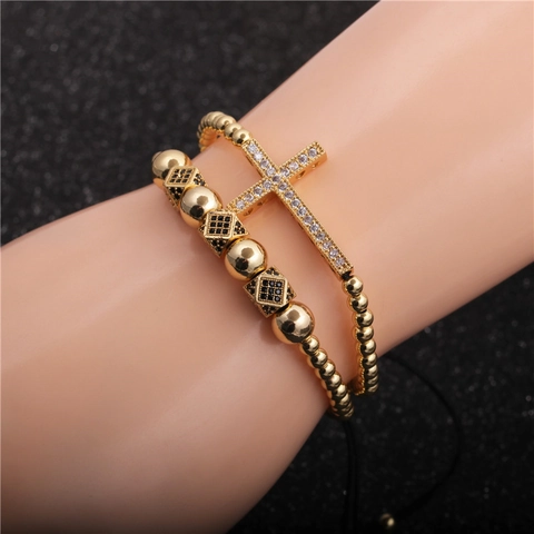 Bracciale Croce Con Perline Di Rame Micro Pavé Zirconia Corda Intrecciata Regolabile Gioielli Hip Hop Religiosi Per Uomo Donna