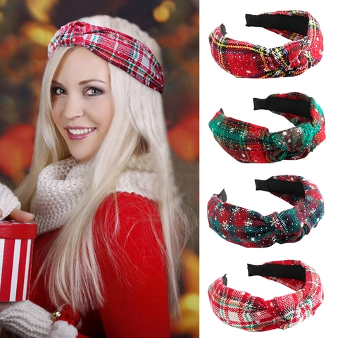 Serre Tête Noël Tissu Écossais Nœud Motif Flocon Neige Vacances Hiver Accessoires Cheveux Pour Femmes Filles