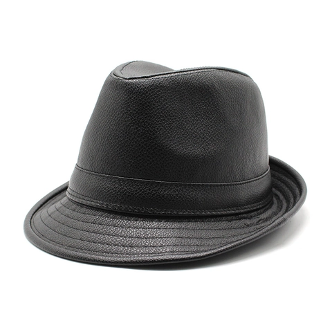 Retro PU Leather Fedora Hat Litchi Texture British Style Jazz Cap Classic Wide Brim Men Women Solid Color Fashion Hat