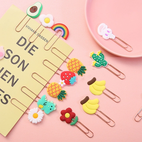 Cartoon Paper Clips Creative Metal Bookmarks With Silicone Decorative Heads Fruit Animal Shape For School Office Students
