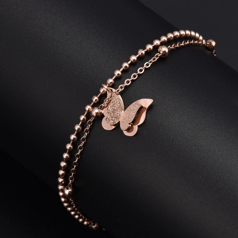 Rose Gold Double Layer Butterfly Bracelet Titanium Steel Bead Chain Jewelry For Women Elegant Adjustable Non-Fading