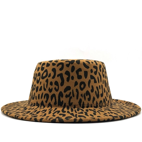 Leopard Print Fedora Hat Woolen Felt Flat Top Wide Brim Autumn Winter Elegant Fashion For Women Adjustable Accessory