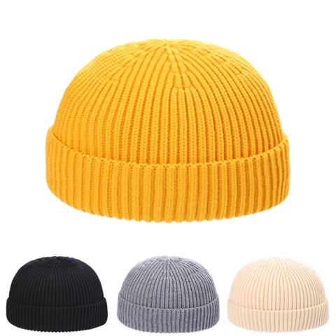Retro Knitted Ribbed Beanie Hat Warm Solid Color Brimless Docker Cap For Men Women