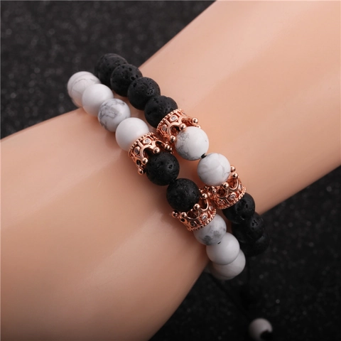 Lava Stone White Turquoise Crown Beaded Bracelet Jewelry For Men Zircon Alloy Adjustable Braided Accessories