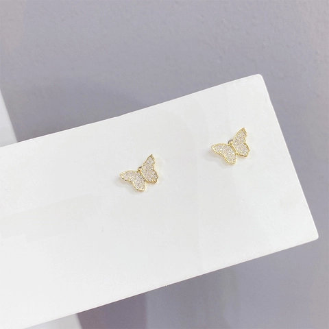 Butterfly Stud Earrings Copper Micro Zircon With 925 Sterling Silver Earring Post Cute Tiny Elegant Korean Style Women
