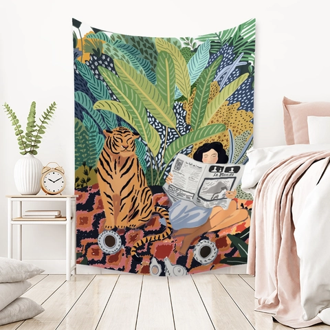 Arazzo Da Parete Tessuto In Poliestere Illustrazione Artistica Boemia Motivi Piante Tropicali Animali Arredamento Casa