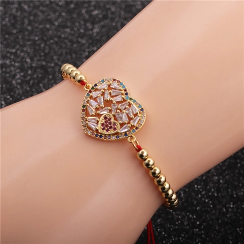 Heart Pendant Bracelet Copper Micro Pave Zircon Beads Adjustable Hand Woven Rope Women Jewelry