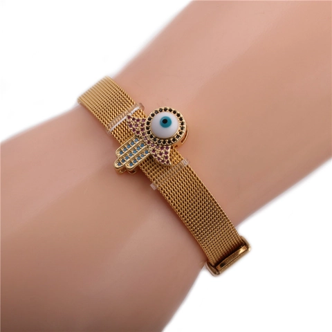 Stainless Steel Mesh Belt Bracelet With Evil Eye Hamsa Hand Pendant Adjustable Buckle Milanese Watchband Style Jewelry