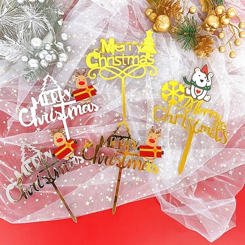 Acrylic Christmas Cake Toppers Merry Christmas Reindeer Polar Bear Tree Design Party Dessert Decoration Supplies