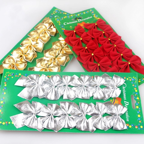 Christmas Bows Velvet Metallic Fabric Mini Tree Hanging Ornaments Festival Party Decor Red Gold Silver Color