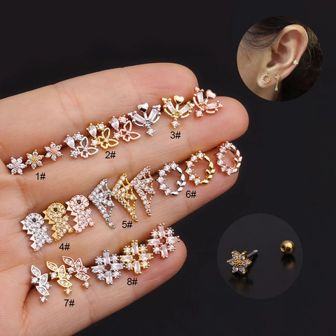 Zircon Cartilage Ear Studs Stainless Steel Piercing Jewelry Dinosaur Flower Butterfly Heart Fashion For Women