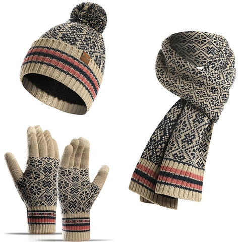 Winter Warm 3-Piece Set For Women Men Knit Pom Pom Hat Long Scarf Touchscreen Gloves Snowflake Jacquard Acrylic Thermal Accessories