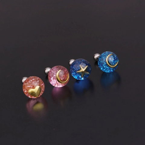 Stainless Steel Ear Cartilage Stud Earrings Resin Glitter Star Moon Heart Patterns Ball Screw Back Piercing Jewelry