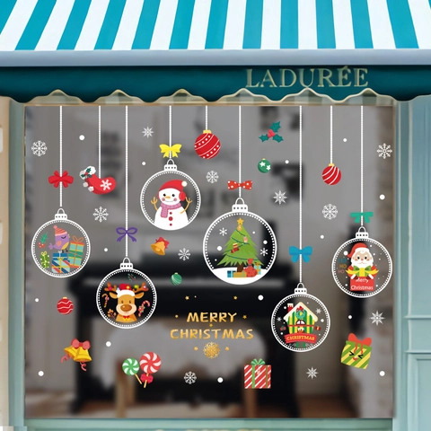 Autocollants Fenêtre Noël PVC Statique Père Noël Renne Flocons Neige Décalcomanies Pour Porte Verre Magasin Maison Decor