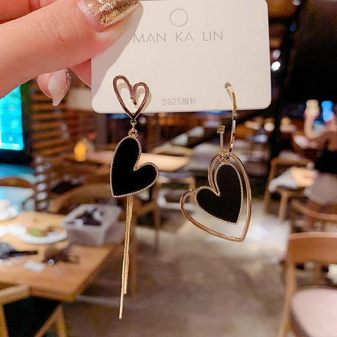 Orecchini Pendenti Cuore Asimmetrici Con Perno In Argento Sterling 925 Lega Nero Oro Cavo Tendenza Elegante