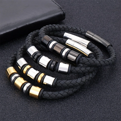 Bracciale Da Uomo In Pelle Intrecciata Con Perle In Acciaio Inossidabile Chiusura Magnetica Gioielli Moda Punk Per Uomo Regalo