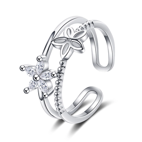 Korean Flower Double Layer Open Ring For Women Copper White Gold Plated Inlaid Rhinestone Adjustable Finger Jewelry