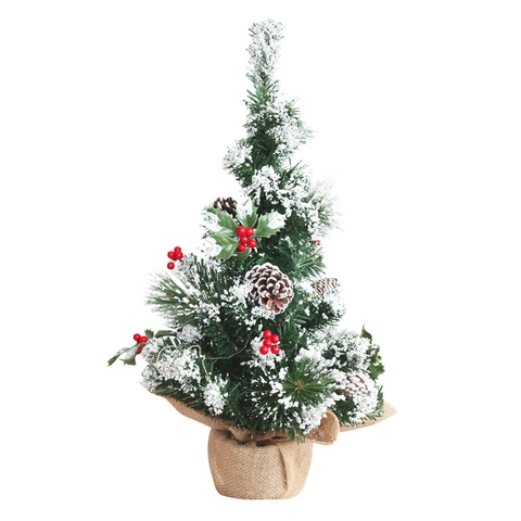 Mini Sapin De Noël Décoration De Table Neige Floconnée Petit Arbre Artificiel Avec Baies Rouges Pommes De Pin Base En Jute