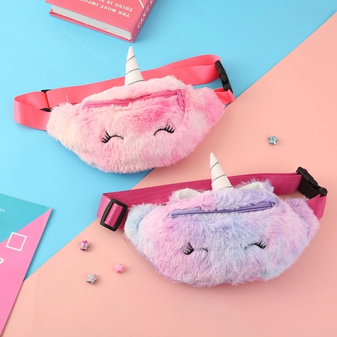 Kids Plush Unicorn Fanny Pack Gradient Rainbow Color Cartoon Animal Waist Bag Adjustable Strap For Girls Casual Travel