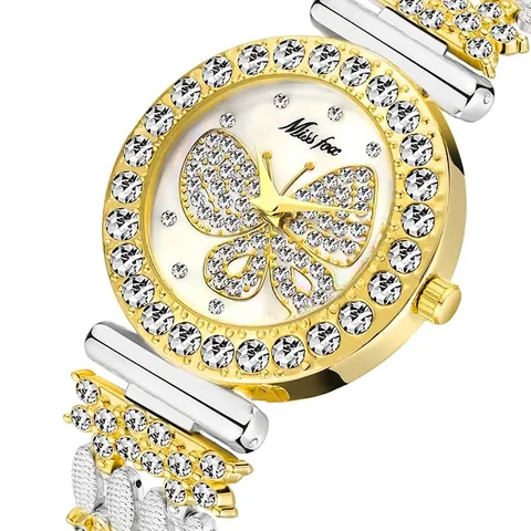 Women Luxury Quartz Watch Butterfly Pattern Dial Rhinestone Inlaid Alloy Strap Waterproof Fashion Wristwatch