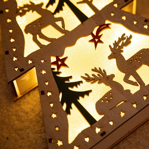Wooden Christmas Tree LED Light Up Ornament Hollow Laser Cut Reindeer Snowman Tabletop Hanging Holiday Home Decor