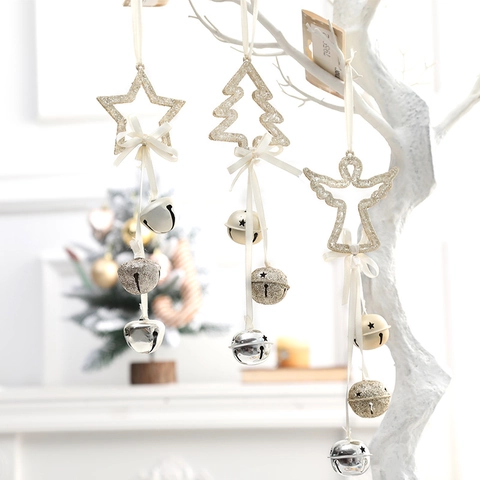 Christmas Tree Hanging Ornaments Glitter Angel Star Tree Shape With Metal Bells And Ribbon Bow Festive Decor