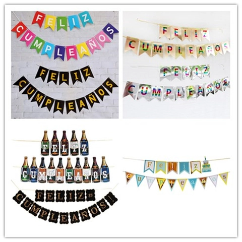 Spanish Feliz Cumpleanos Birthday Banner Glitter Paper Swallowtail Triangle Garland Hanging Party Decor Celebration