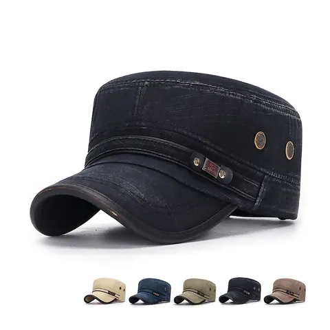 Berretto Cadet In Cotone Lavato Vintage Cappello Militare A Cima Piatta Con Bordo In Pelle Regolabile Uomo Donna