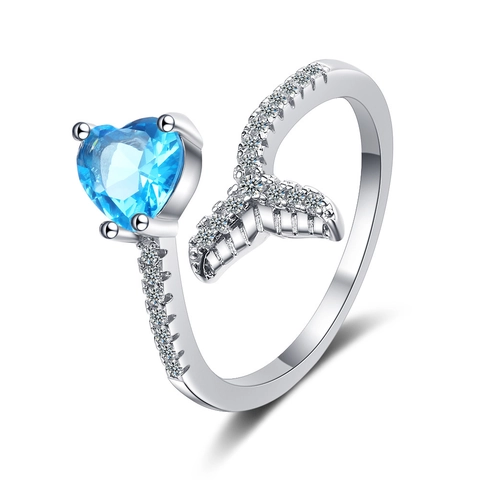 Anillo Abierto de Cola de Pez con Corazón Azul de Cobre Estilo Coreano para Mujer Elegante Anillo Ajustable con Incrustaciones de Strass Joyería