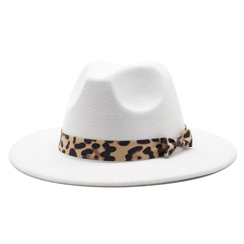 Fedora Hat For Men Women Woolen Felt Wide Flat Brim Leopard Print Band Bow Decor Vintage Jazz Style Fashion Accessory