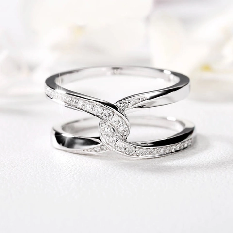 Cross Interlocking Ring Copper White Gold Plated Cubic Zirconia Double Layer X Shape Fashion Jewelry For Women