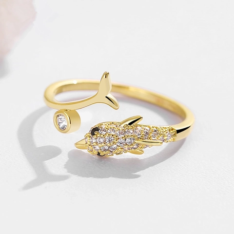Dolfijn Open Ring Zirkoon Ingelegd Verstelbaar Koper Dier Mode Sieraden Voor Vrouwen Elegant Verguld Accessoire