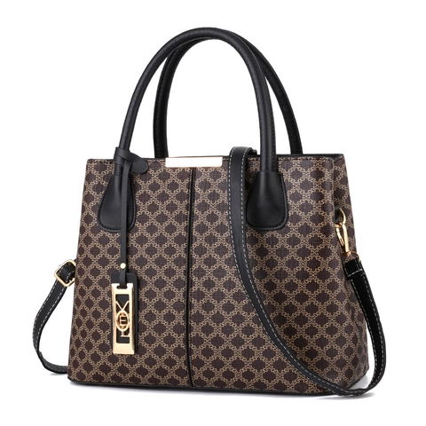 Women Vintage Printed Handbag PU Leather Large Capacity Tote Shoulder Crossbody Bag Retro Monogram Fashion