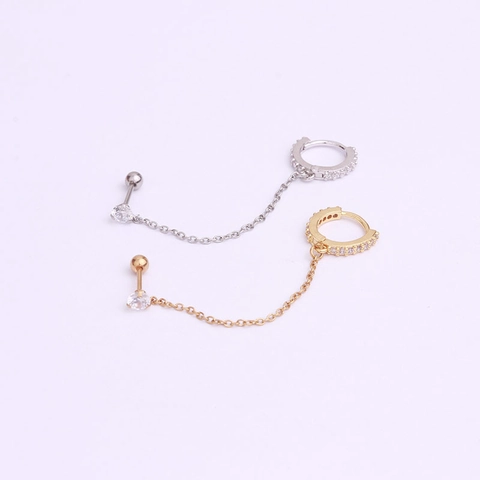 Linked Chain Piercing Earrings With Stainless Steel Earring Post And Copper Zircon Double Hole Mini Jewelry For Women