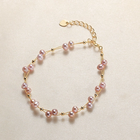 Freshwater Pearl Bracelet For Women Copper Alloy Gold Plated Double Layer Chain Heart Pendant Handmade Woven Jewelry Fashion Purple Jewelry