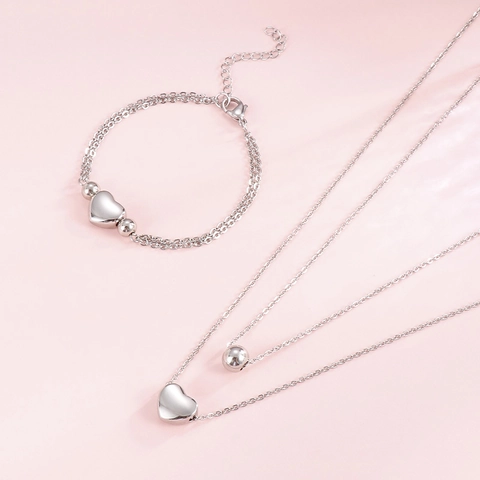 Minimalist Stainless Steel Heart Pendant Necklace And Bracelet Set For Women Double Layer Chain Gold Silver Jewelry Combination Gift