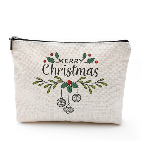 Christmas Makeup Bag Waterproof Linen Canvas Cosmetic Pouch Zipper Storage Case Travel Festive Gift For Women