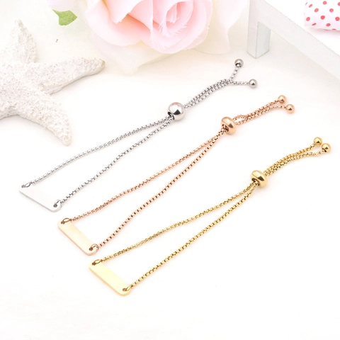 Minimalist Stainless Steel Bracelet With Adjustable Slider Drawstring Chain And Polished Rectangular Blank Bar Plate
