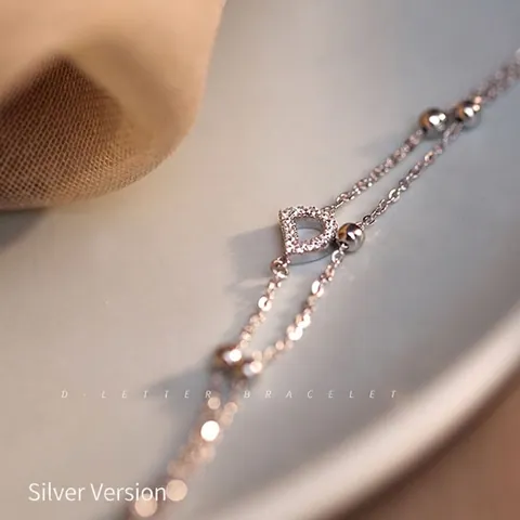 925 Sterling Silver Double Layer Bracelet For Women Elegant Pave Rhinestone Letter D Pendant Bead Chain Adjustable Jewelry