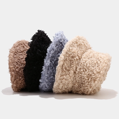 Sombrero de Pescador Cálido de Invierno para Mujer Terciopelo Teddy Color Sólido Lana de Cordero a Prueba de Viento