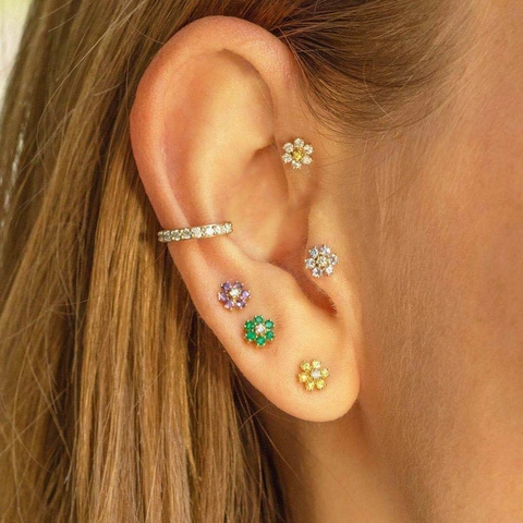 Orecchini A Lobo Barbell A Fiore Rame Placcato Oro 18K Zircone Rhinestone Perno In Acciaio Inossidabile Vite Gioielli