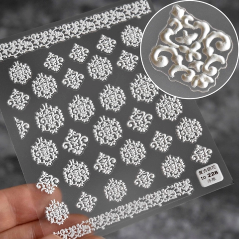 Pegatinas Para Uñas Con Relieve 5D Patrones Florales Vintage Barrocos Decoración De Manicura Texturizada DIY Blanco Elegante