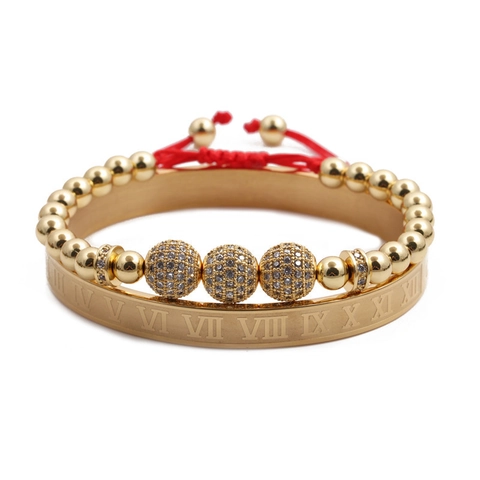 Bracciale Rigido Numeri Romani E Bracciale Di Perline Acciaio Inossidabile Rame Micro Pave Zircone Regolabile Per Donne Uomini