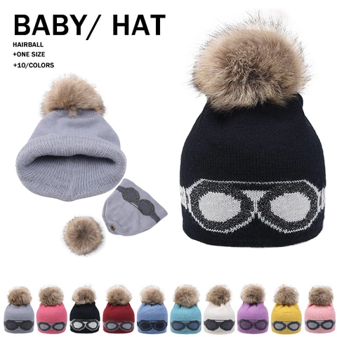 Knitted Beanie Hat With Detachable Faux Fur Pom-pom Goggles Glasses Star Pattern Warm Winter Pullover Cap Women Kids