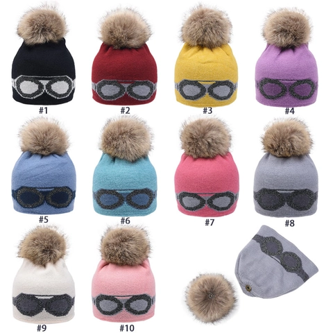 Knitted Beanie Hat With Detachable Faux Fur Pom-pom Goggles Glasses Star Pattern Warm Winter Pullover Cap Women Kids