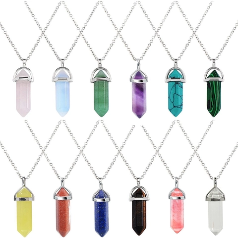 Hexagonal Column Natural Stone Pendant Necklace Crystal Healing Point Gemstone Jewelry For Women Men