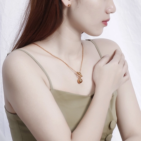Stainless Steel Ball Pendant Necklace And Ball Stud Earrings OT Buckle Simple Fashion Gold Color Jewelry For Women