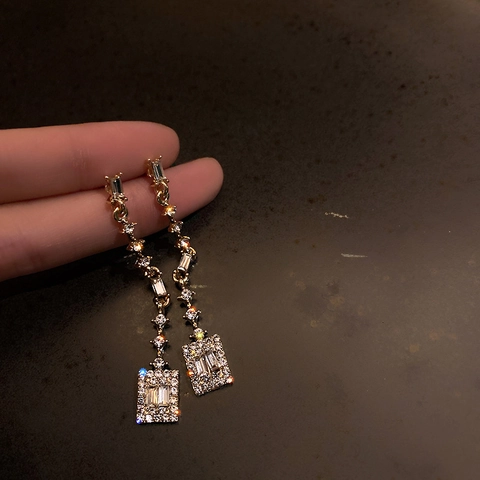 Geometric Square Zircon Dangle Earrings With Silver Earring Post Long Tassel Gold Plated Luxury Elegant Women Jewelry